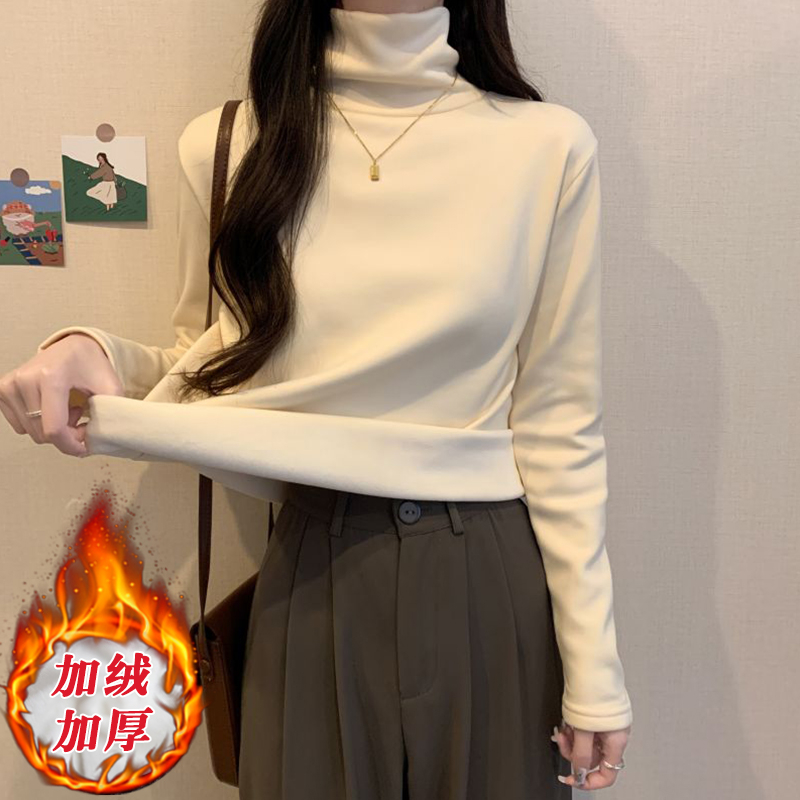 High collar basic bottoming shirt for women with velvet inner layer 2023 autumn and winter new style plus velvet thickened warm top long-sleeved T-shirt