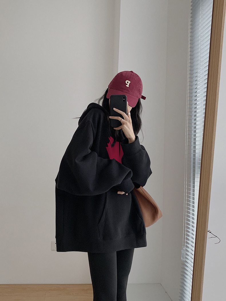加絨連帽衛衣女裝2023秋冬季新款黑色hiphop寬鬆慵懶風上衣
