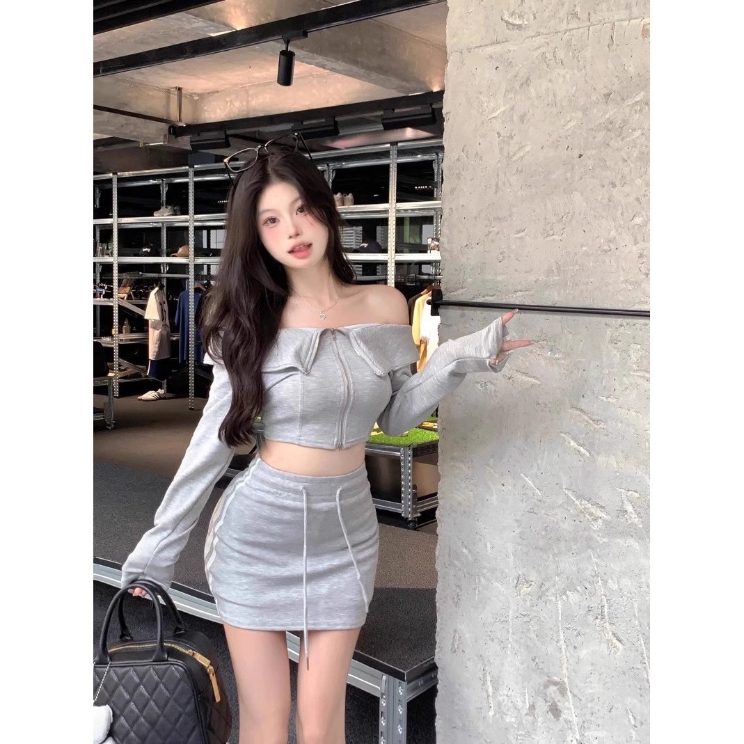 港味學院風一字肩設計感長袖短款上衣女秋季高腰抽繩包臀短裙套裝