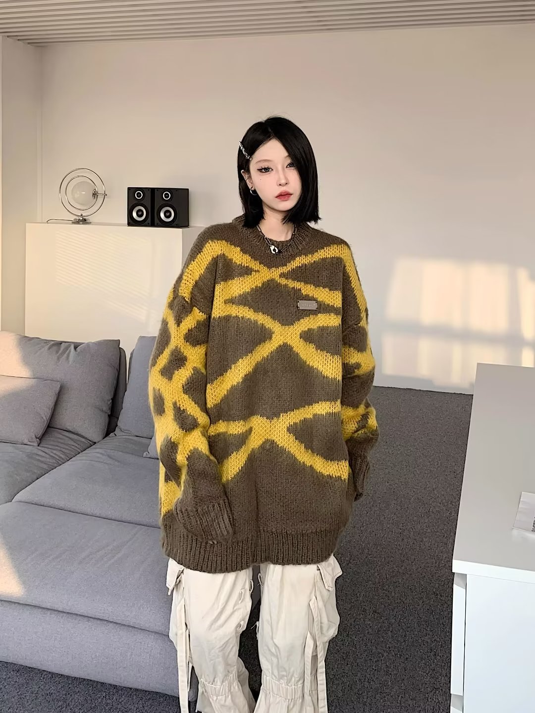 高級感條紋毛衣女秋冬新款慵懶風小眾軟糯毛絨休閒情侶針織衫上衣