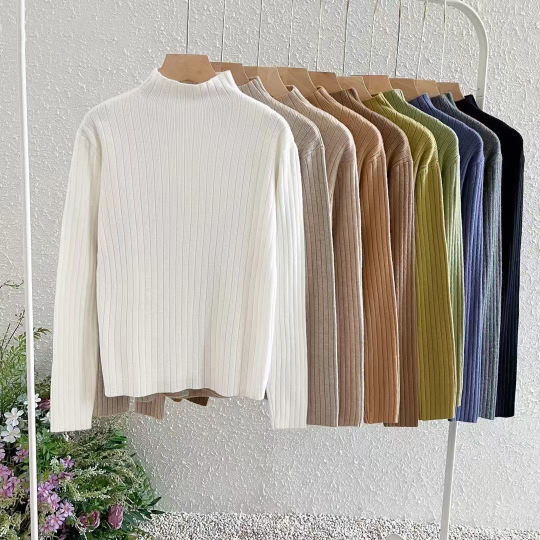 Solid Color Slim Fit Pullover Bottoming Top Autumn and Winter 2023 New Half Turtle Collar Long Sleeve Pit Striped Threaded Sweater Women's Clothing