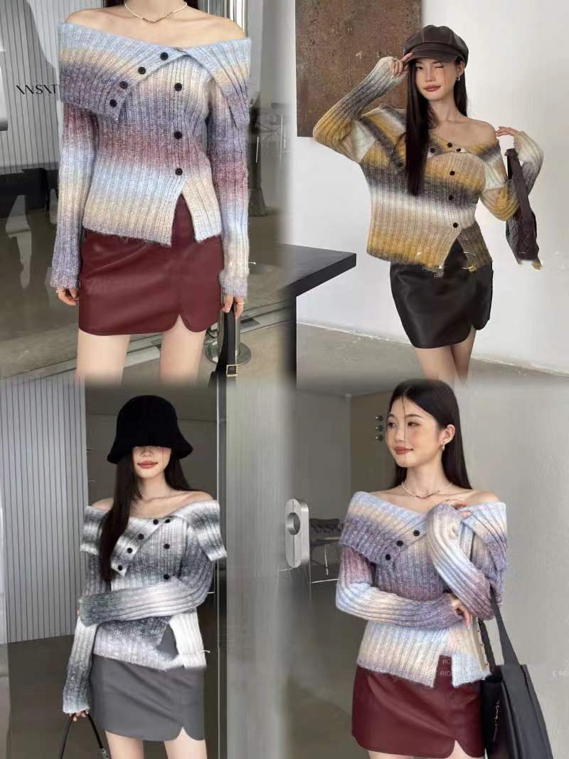 ZY2023 autumn and winter new sweet and spicy style shoulder-breasted gradient color irregular slit long-sleeved knitted sweater for women