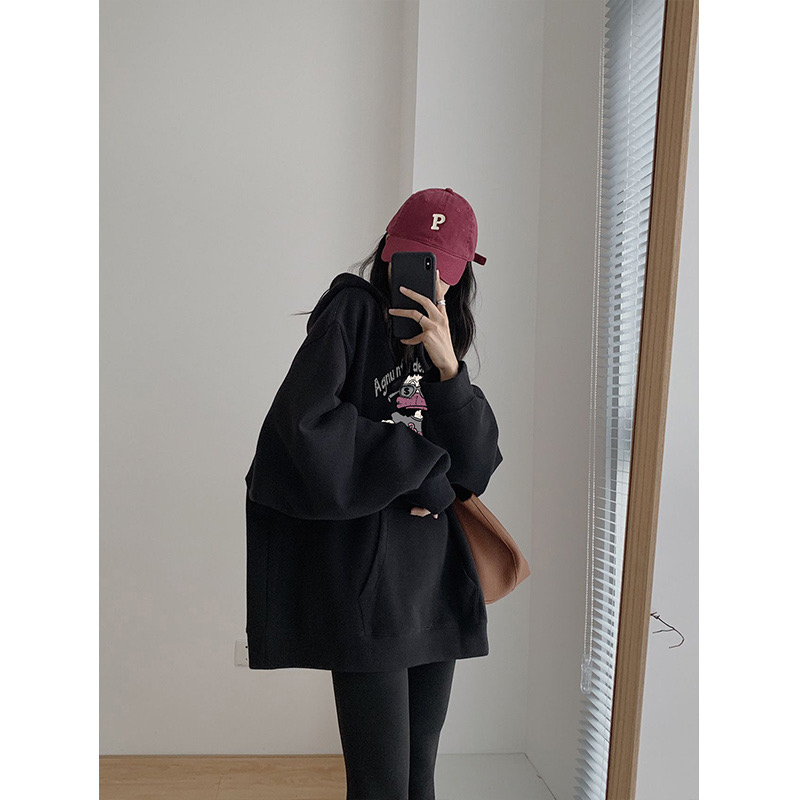 加絨連帽衛衣女裝2023秋冬季新款黑色hiphop寬鬆慵懶風上衣
