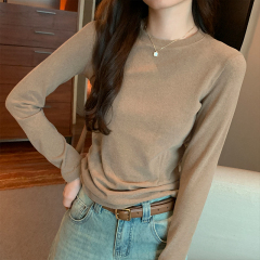 Actual shot of double-sided German velvet bottoming shirt for women in autumn and winter 2023 new style inner round neck long-sleeved T-shirt brushed foreign style top
