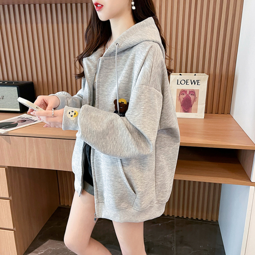 Real shot of Huamian pure cotton composite non-balling new Korean style loose patch embroidered hooded zipper sweatshirt for women