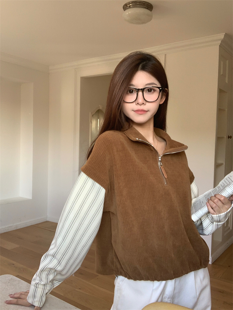 實拍 秋冬新款條紋袖子拼接假兩件半拉鏈polo領翻領長袖衛衣