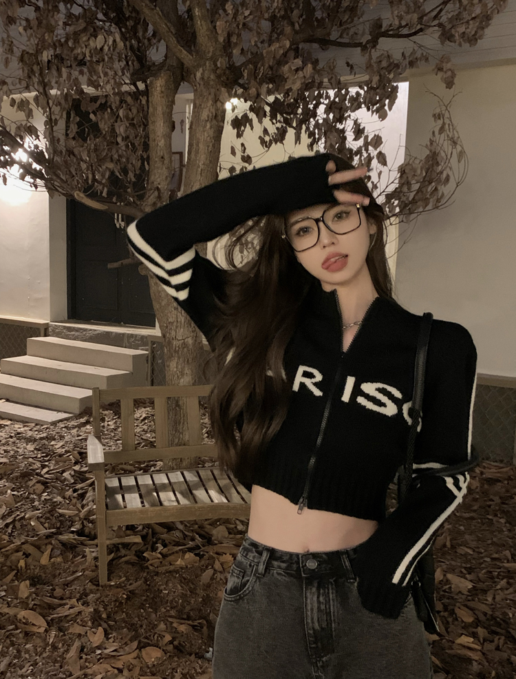 黑色雙拉鏈針織衫女美式復古秋冬短款露臍毛衣設計感小眾辣妹上衣