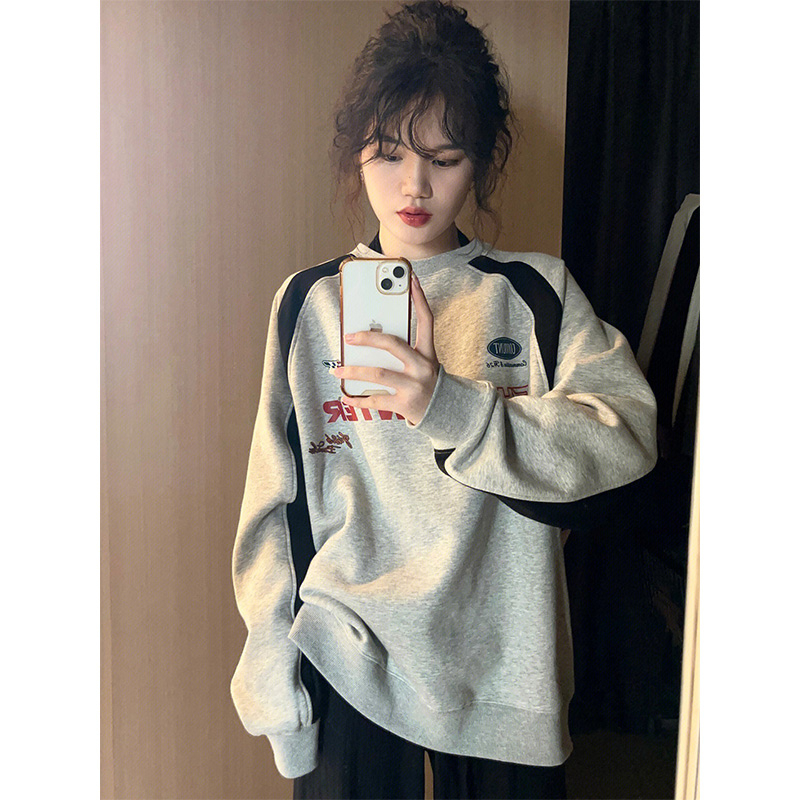 國潮美式撞色字母印花衛衣女春秋潮牌高街小眾設計感情侶長袖上