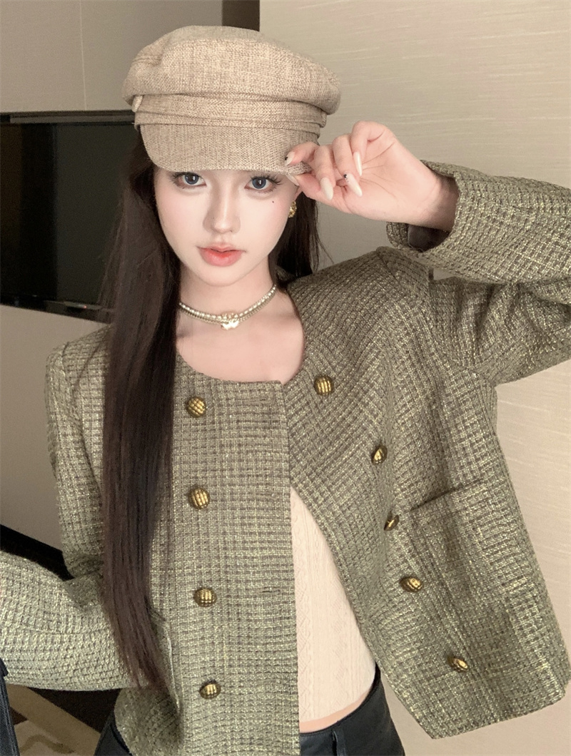 Actual shot ~ green small fragrant style coat high-end 2023 autumn and winter French retro short coat for women