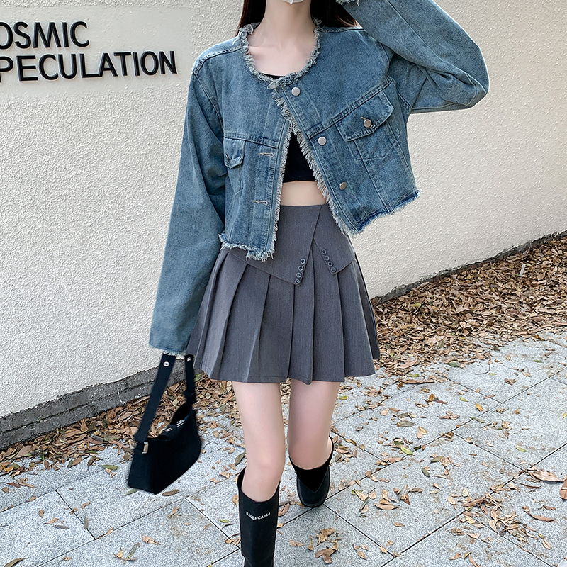 Real shot~Salt denim jacket women's autumn 2023 new style raw edge jacket temperament long-sleeved top