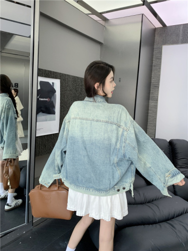 Real shot~New loose washed gradient color top retro cocoon-shaped wide-sleeved denim jacket for women
