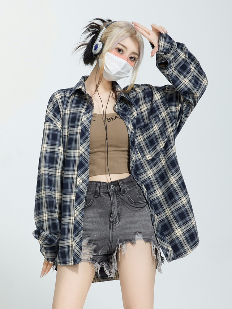 GeGe Sleepy"美校邀約|格子長袖防曬襯衫女秋開衫薄款外搭上衣bf