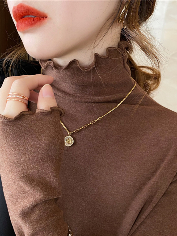 Fungus edge velvet thickened bottoming shirt for women 2023 autumn and winter half turtleneck inner thermal top German velvet long-sleeved T-shirt