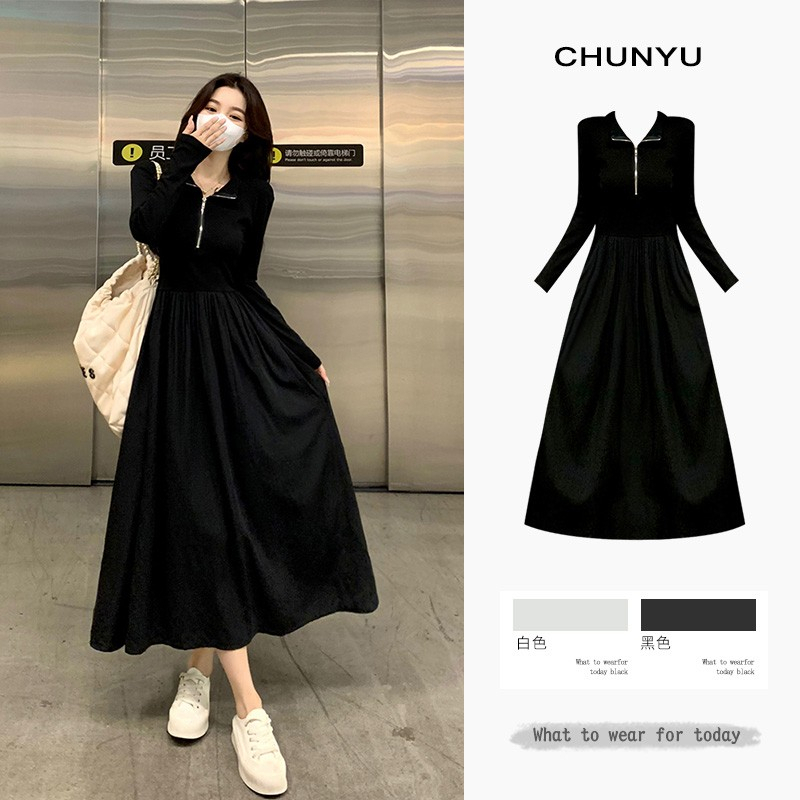 2023 new autumn high-end long-sleeved dress women's little black dress early autumn French style long dress