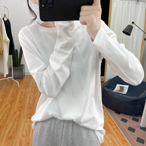 High-quality pure cotton long-sleeved white T-shirt women's Korean retro spring and autumn loose round neck top bottoming shirt T-shirt