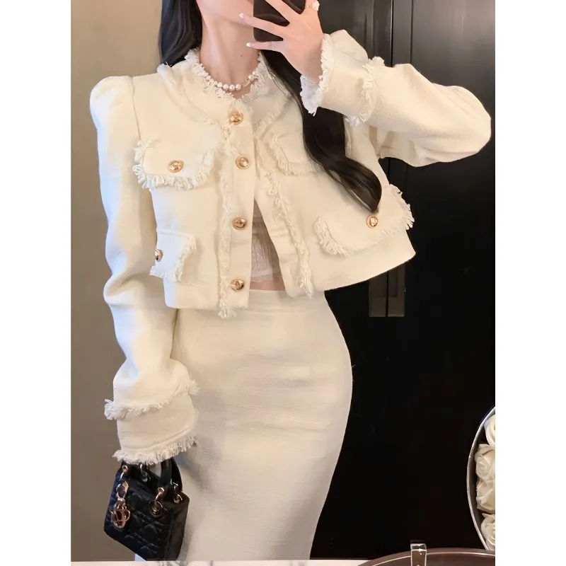 氣質名媛小香風長袖外套顯瘦半身裙子秋季新款洋氣時尚韓版兩件套