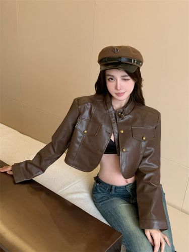 Actual shot of retro stand collar PU leather motorcycle short jacket