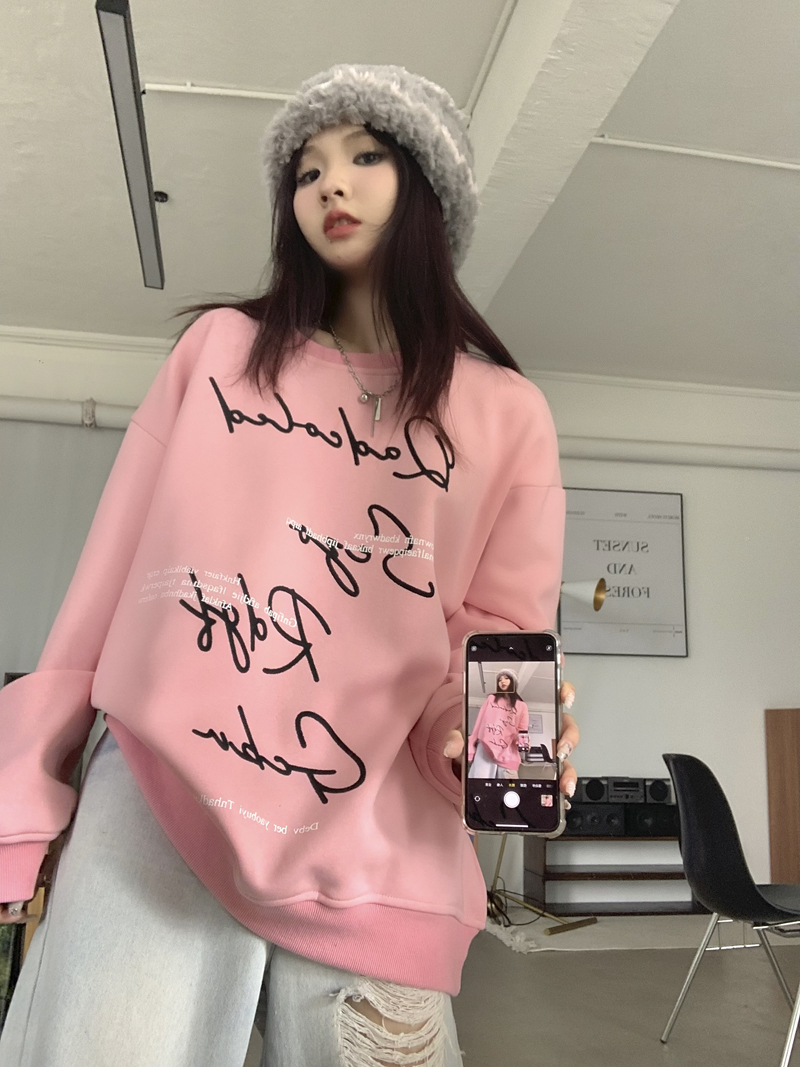 實拍 三標齊 高質量版~慵懶風美式字母創意印花寬鬆加絨衛衣
