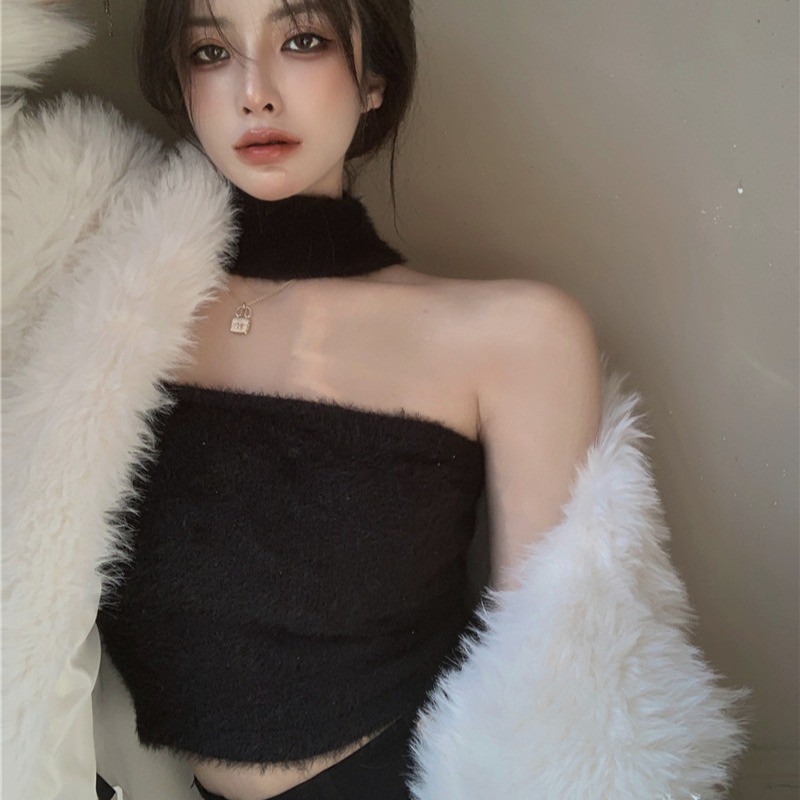 掛脖仿貂絨毛衣吊帶背心女秋冬新款純欲風性感內搭抹胸無袖上衣潮