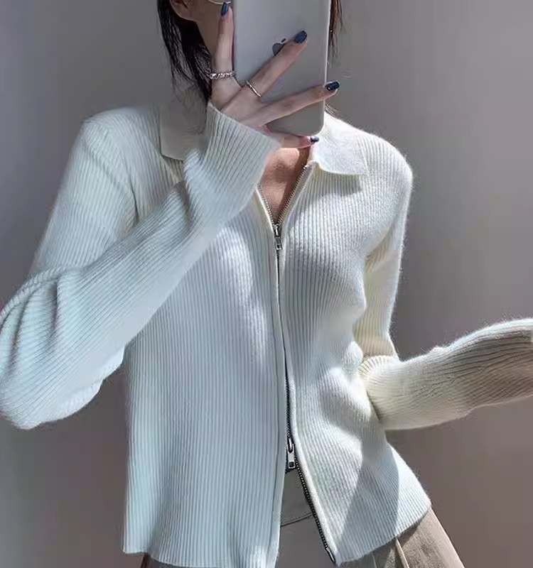 雙頭拉鏈針織衫女春秋薄款上衣短款外搭白色冰絲打底毛衣開衫外套