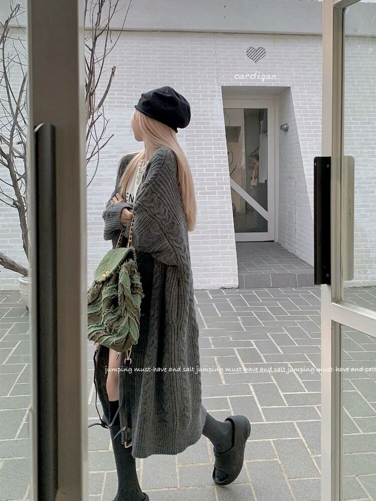 法式粗麻花加厚針織毛衣外套女秋冬溫柔風外穿開衫寬鬆中長款