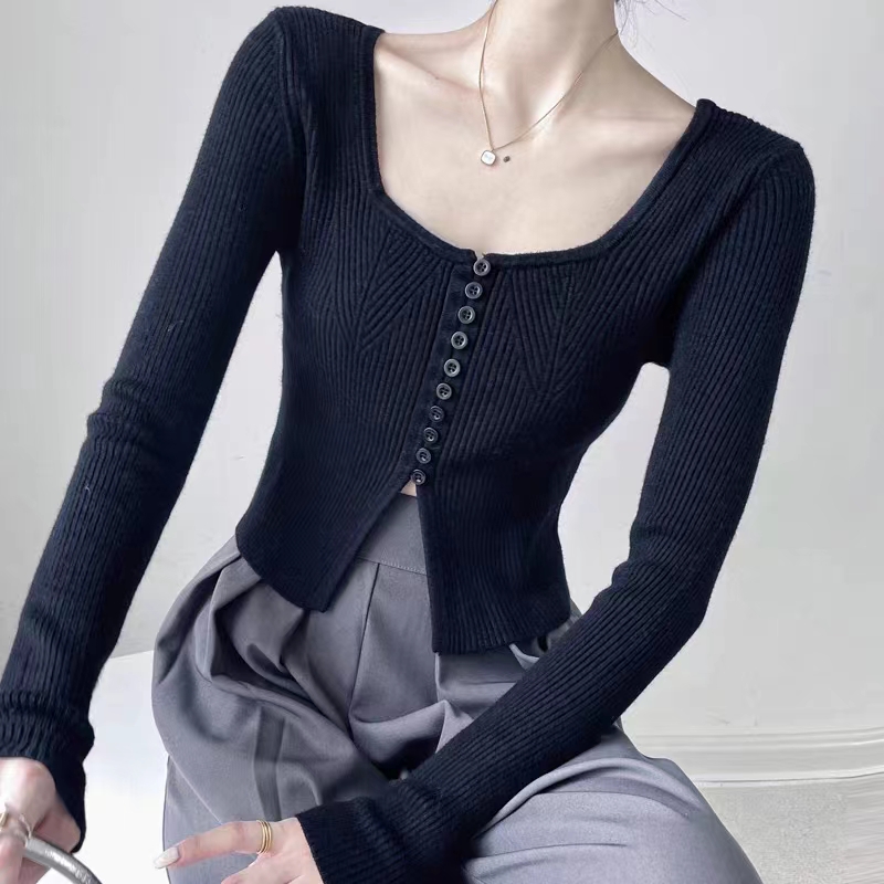 kaka design niche gentle short knitted long-sleeved T-shirt women's autumn and winter new style western style slim bottoming