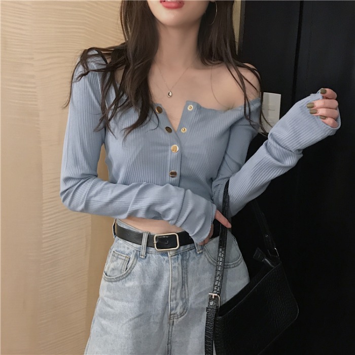 2023 new autumn and winter new small sexy short navel-baring knitted bottoming T-shirt for women with slim temperament and long-sleeved top