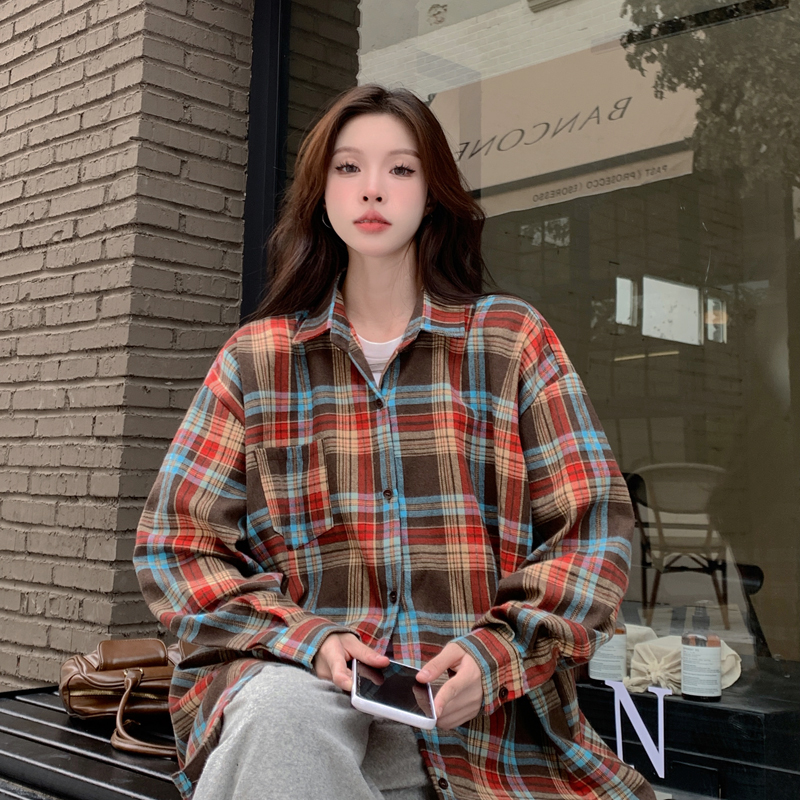 實拍 港風復古格子襯衫女秋冬季外穿寬鬆休閒百搭長袖襯衣外套