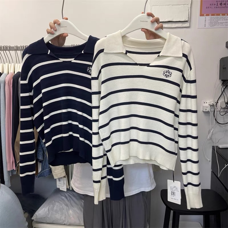 Simple Striped Contrast Color Lapel Long Sleeve Sweater 2023 Early Autumn New Loose Slim Versatile Casual Top for Women