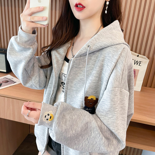 Real shot of Huamian pure cotton composite non-balling new Korean style loose patch embroidered hooded zipper sweatshirt for women