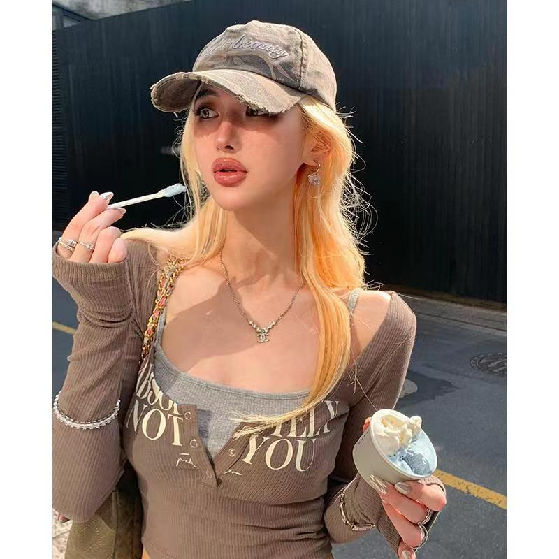 美式辣妹優等生印花拼色修身顯瘦秋季吊帶假兩件長袖T恤短上衣女
