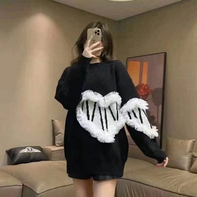 歐貨洋氣時髦黑色圓領衛衣女秋季愛心網紗花邊設計感寬鬆慵懶上衣