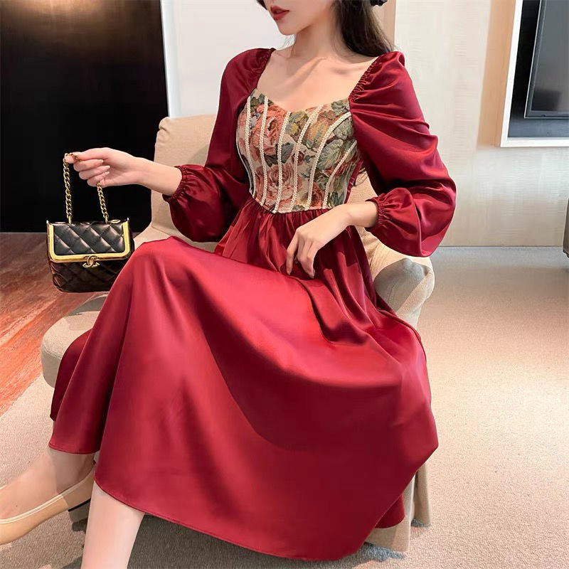 2023大碼女裝復古裙法式宮廷風公主裙敬酒訂婚晚禮服紅色連衣裙女