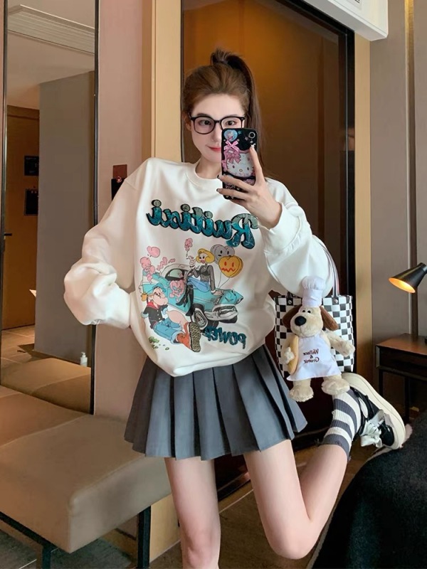 白色套頭衛衣女2023新款秋冬卡通印花設計感寬鬆休閒長袖上衣