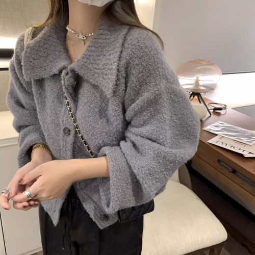 Small grained loop velvet age-reducing lapel sweater for women loose knitted thickened cardigan autumn and winter sweater jacket for women