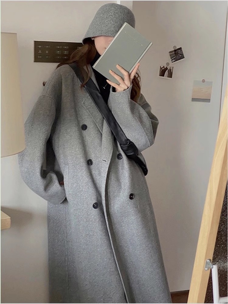 反季毛呢外套女2023冬新款韓系中長款小個子灰色雙面羊絨呢子大衣