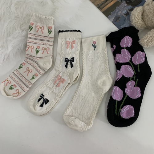 实拍 百搭韩版学院风中筒袜可爱花朵堆堆袜5双装