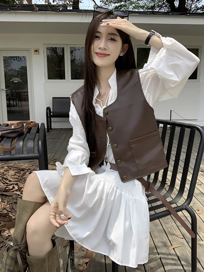 早秋韓系2023新款時尚顯瘦長袖連衣裙+寬鬆pu皮背心馬甲兩件套女