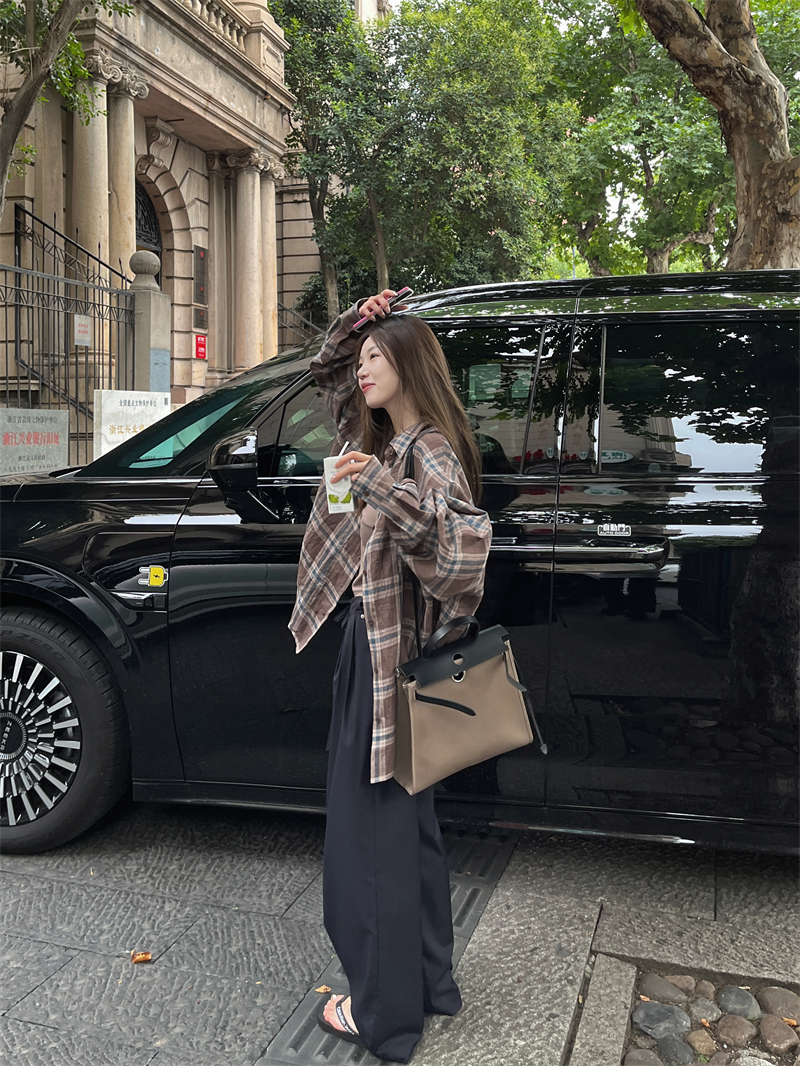 OPENING自製 格紋防曬長袖襯衫女秋百搭oversize慵懶風寬鬆上衣