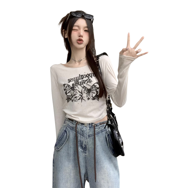 6535 stretch cotton American retro butterfly print long-sleeved T-shirt women's summer drawstring loose