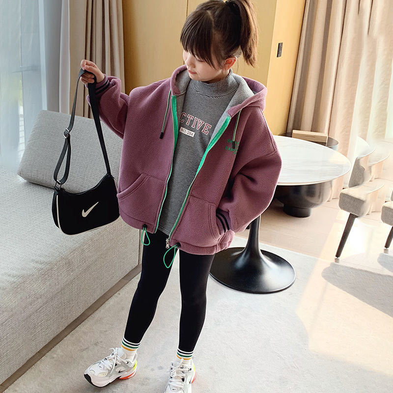 450g polar fleece composite shell plush hooded jacket for girls, medium and large children plus velvet and thickening for children