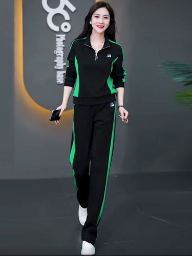Casual sports suit for women 2023 spring and autumn new Korean version stand collar loose slimming running suit two-piece set