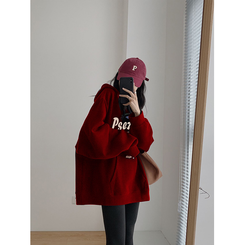 加絨連帽衛衣女裝2023秋冬季新款酒紅色hiphop寬鬆慵懶風上衣