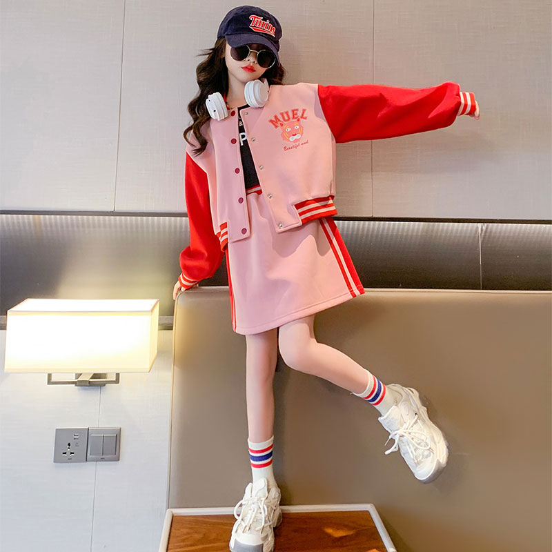 女童連衣裙秋裝2023新款洋氣兒童春秋款外套時髦短裙女孩套裝裙子