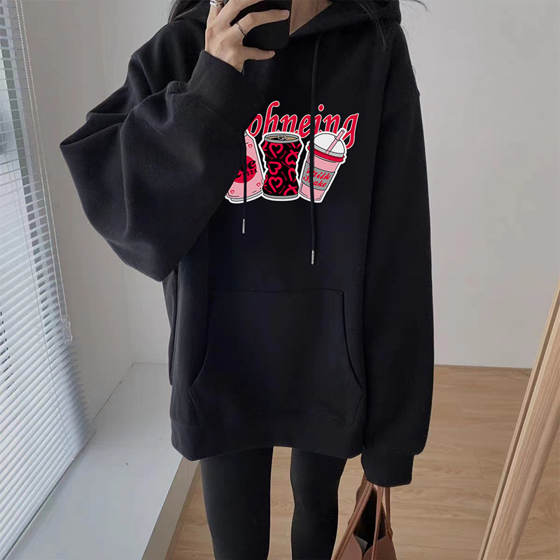 加絨連帽衛衣女裝2023秋冬季新款黑hiphop寬鬆慵懶風上衣