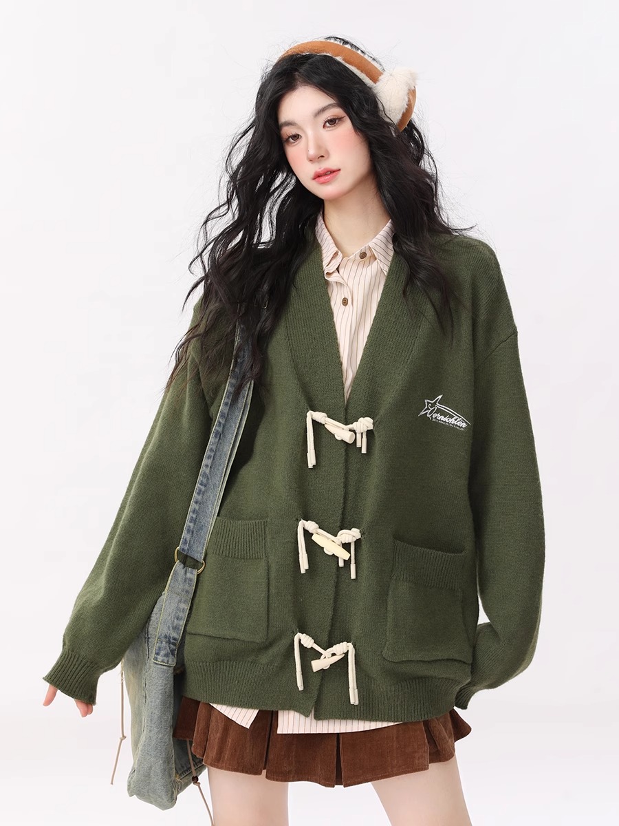 y new autumn and winter retro green horn button cardigan sweater for women loose lazy style niche knitted sweater jacket