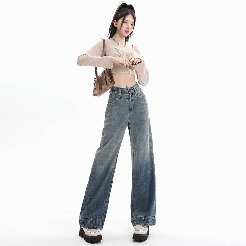 實拍2023秋季時尚漸變色牛仔闊腿褲女