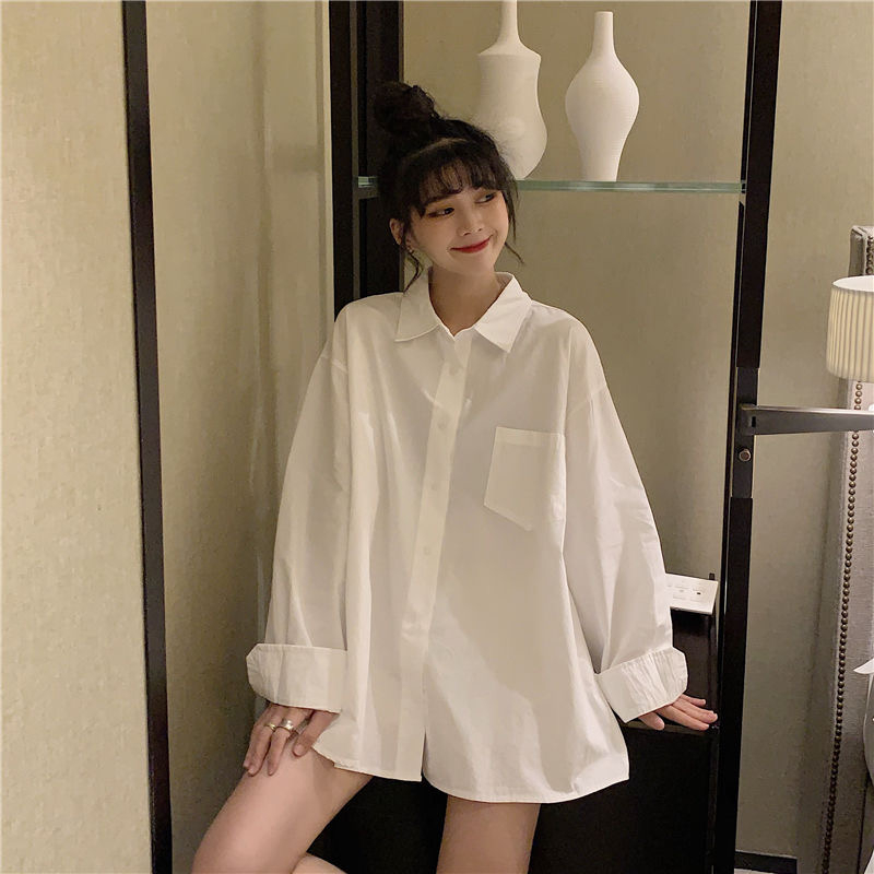 2023新款襯衫上衣女春秋新款學生韓版寬鬆百搭外穿長袖白色襯衣