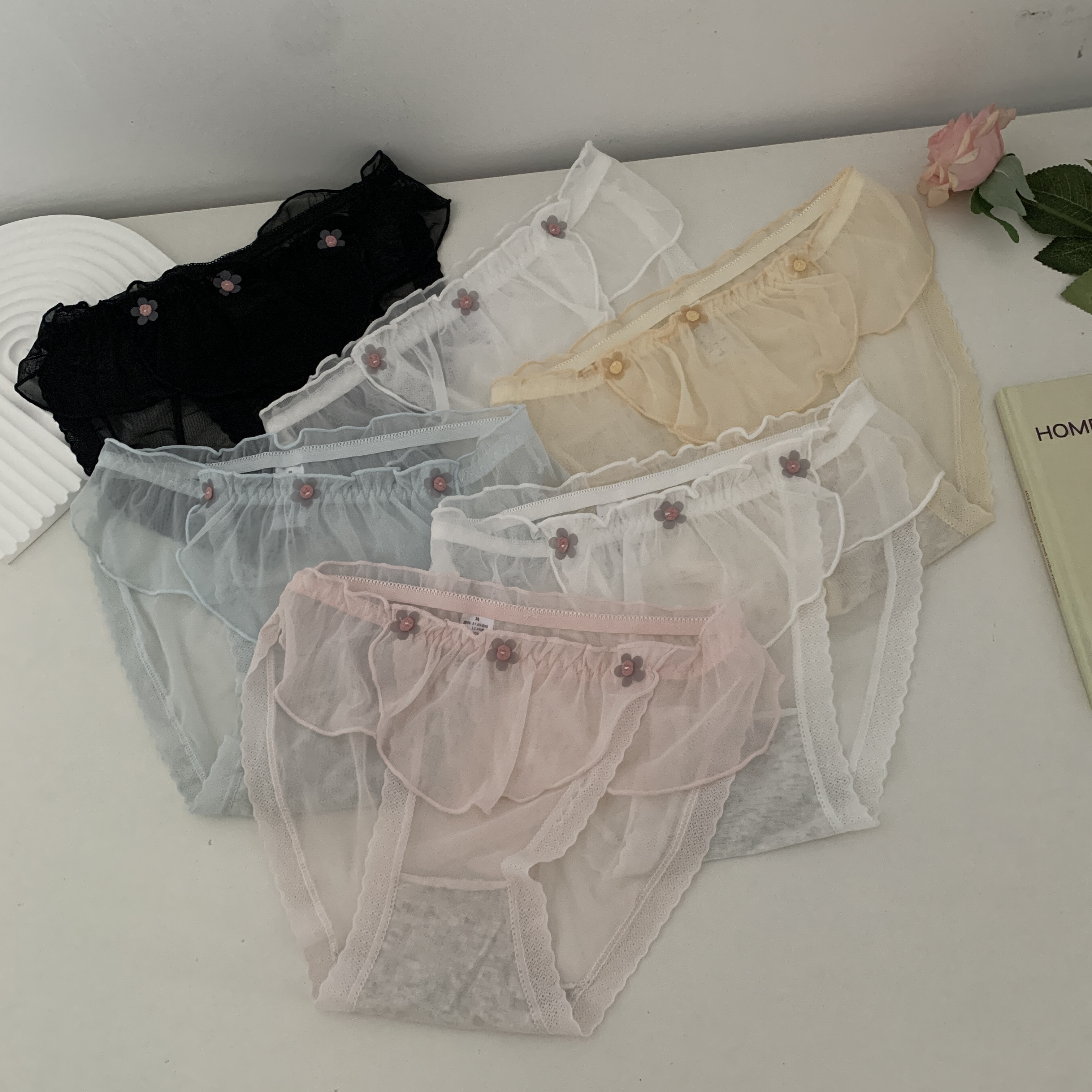 Real shot of sexy mesh lace girl panties, sweet ruffled briefs 3-pack