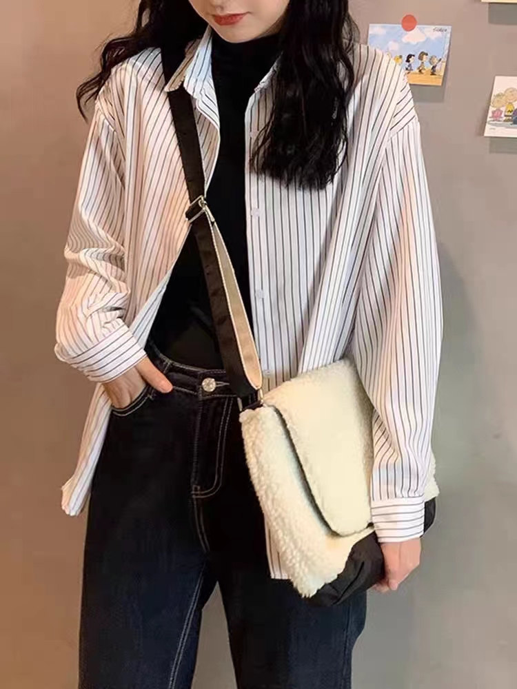 復古港風ins黑白條紋襯衫女設計感百搭polo領長袖秋季襯衣外套潮